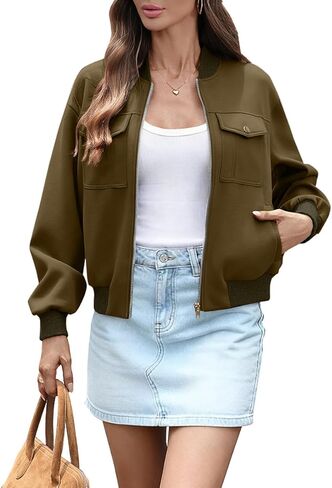 Women's Cropped Bomber Jacket Zip up Long Sleeve Drop Shoulder Jackets with 4 Pockets in Kuwait
