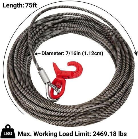 Carbon Steel Winch Cable,18100 lbs Breaking Strength, 7/16 Inch x 75 Feet Heavy Duty Towing Cable with 360° Swivel Self Locking Hook Universal Fit for Winch Operations, Lifting, Towing in Saudi Arabia