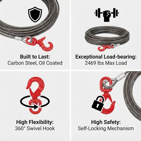 Carbon Steel Winch Cable,18100 lbs Breaking Strength, 7/16 Inch x 75 Feet Heavy Duty Towing Cable with 360° Swivel Self Locking Hook Universal Fit for Winch Operations, Lifting, Towing in Saudi Arabia