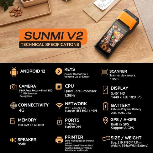 POS PDA Receipt Printer 58mm High Speed Thermal Printer with Android 12, 5.45’’ Touch Screen. Handheld Mobil SUNMI Point of Sale Tablet. Scan 1D/2D barcodes. in Saudi Arabia