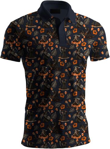 قميص بولو للجولف للرجال، نمط ريبر وزهور، أزرق، كم قصير، ألياف لدنة بوليستر ماصة للرطوبة in Kuwait