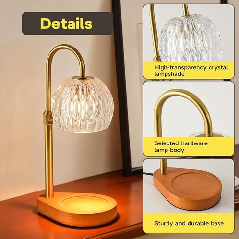 WEILASA Candle Warmer Lamp Crystal Glass Shade, Electric Candle Melter with Adjustable Wooden Bottom seat for Home Warm Home Decoration Gifts-Gold in Saudi Arabia