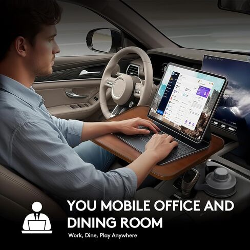 طاولة صينية السيارة ومكتب كمبيوتر محمول للسيارة، حامل كمبيوتر محمول خشبي للسيارة قابل للتعديل بزاوية 360 درجة، صينية عجلة القيادة، طاولة حامل أكواب، متوافقة مع تيسلا ومعظم المركبات الجوز in Kuwait