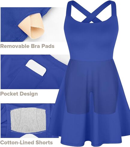 BRXL Built in Pull Down Shorts and Bra Tennis Dress for Women Removable Pads Pockets Athletic Pickleball Workout Sports Active Exercise Golf Blue in Saudi Arabia