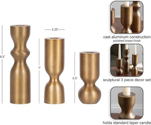 Kate and Laurel Pico Modern Three-Piece Metal Taper Candle Holder Set, Set of 3, Brass, Transitional Metallic Candlestick Holders for Dining Table or Fireplace Mantel Display in Saudi Arabia