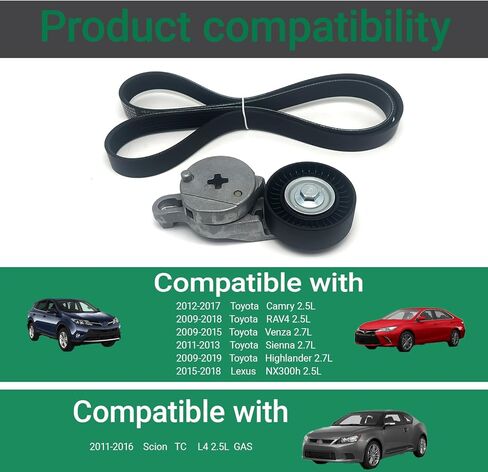 39106 Belt Tensioner With Pulley Fits 2012-2017 Toyota Camry,2009-2018 RAV4,2009-2015 Venza,2011-2013 Sienna,2009-2019 Highlander,2011-2016 Scion TC 2.5L 2.7L DOHC Engine Only in Kuwait
