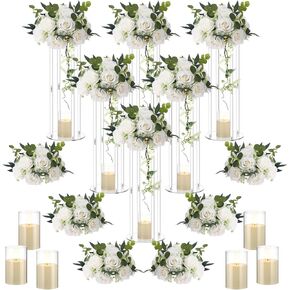 18 قطعة من مزهرية الأكريليك حامل قطع مركزية للزفاف مع كرات الزهور الاصطناعية وشموع LED لتزيين طاولة حفلات الزفاف (20 بوصة) in Kuwait
