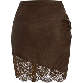 Women's Floral Lace PU Leather Bodycon Short Skirt Zip Up Ruched Dressy A Line Skirts in Kuwait