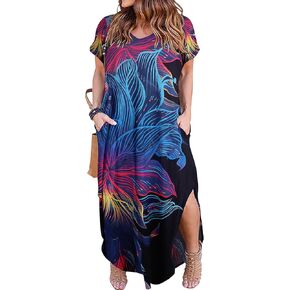 فساتين Kancystore النسائية بمقاسات كبيرة، فستان صيفي كاجوال فضفاض بأكمام قصيرة وفتحات وجيب طويل مقاس XL-5X in Kuwait