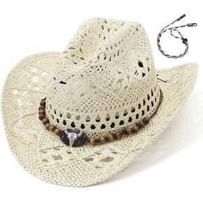 Straw Cowgirl Hat for Women Men Western Cowboy Hat Woven Hollow Out Wide Brim Sun Hat with Chin Strap in Kuwait