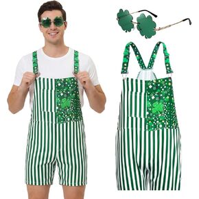St. Patrick’s Day Green Overall Shorts for Men Women, Shamrock Striped Bib Overalls with Adjustable Straps in Saudi Arabia
