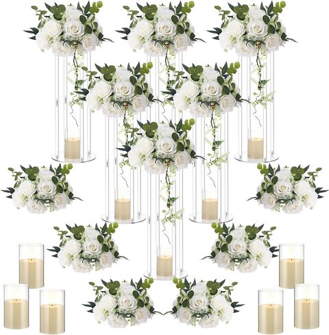 18 قطعة من مزهرية الأكريليك حامل قطع مركزية للزفاف مع كرات الزهور الاصطناعية وشموع LED لتزيين طاولة حفلات الزفاف (20 بوصة) in Kuwait