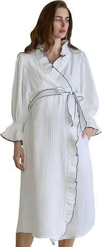 NOTHING FITS BUT Muslin Gauze Maternity Robe for Hospital, Nursing Nightgown Puffed Sleeves Modal & Cotton Delivery Gown in Kuwait