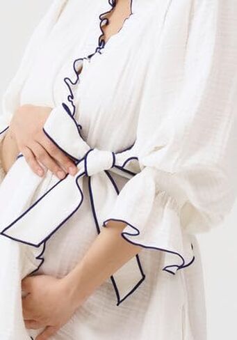 NOTHING FITS BUT Muslin Gauze Maternity Robe for Hospital, Nursing Nightgown Puffed Sleeves Modal & Cotton Delivery Gown in Kuwait