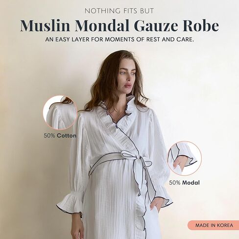 NOTHING FITS BUT Muslin Gauze Maternity Robe for Hospital, Nursing Nightgown Puffed Sleeves Modal & Cotton Delivery Gown in Kuwait