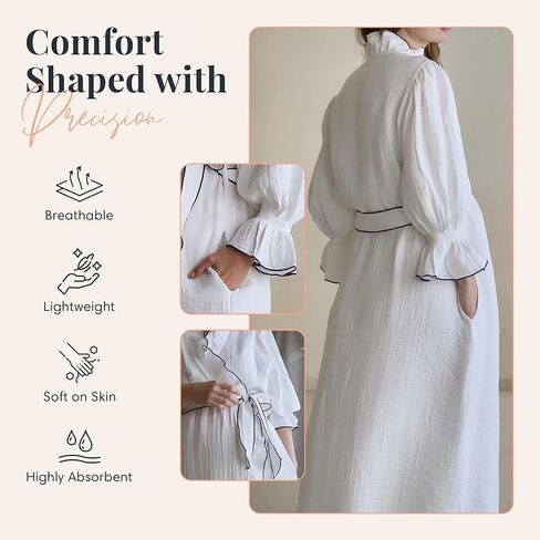NOTHING FITS BUT Muslin Gauze Maternity Robe for Hospital, Nursing Nightgown Puffed Sleeves Modal & Cotton Delivery Gown in Kuwait