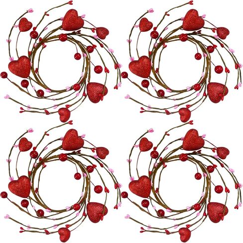 Winlyn 4 قطع حلقات شموع عيد الحب اكاليل الزهور على شكل قلب أحمر وحلقات شموع التوت الحمراء حلقات شموع التوت اكاليل صغيرة بعرض 9.5 سم لنوافذ الزفاف في عيد الحب والقطع المركزية للطاولة in Kuwait