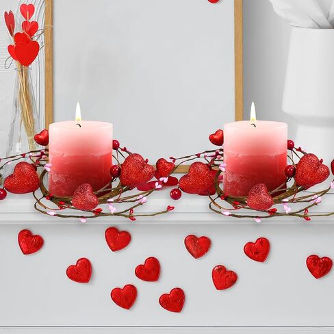 Winlyn 4 قطع حلقات شموع عيد الحب اكاليل الزهور على شكل قلب أحمر وحلقات شموع التوت الحمراء حلقات شموع التوت اكاليل صغيرة بعرض 9.5 سم لنوافذ الزفاف في عيد الحب والقطع المركزية للطاولة in Kuwait