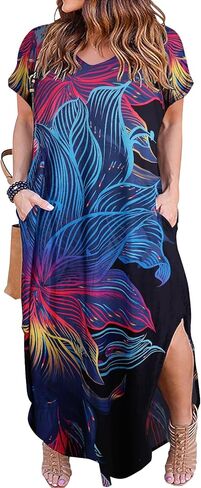 فساتين Kancystore النسائية بمقاسات كبيرة، فستان صيفي كاجوال فضفاض بأكمام قصيرة وفتحات وجيب طويل مقاس XL-5X in Kuwait