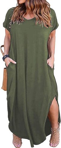 Kancystore Women's Plus Size Dresses Summer Casual Loose Pocket Short Sleeve Slits Long Maxi Dress XL-5X in Saudi Arabia