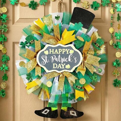 Hoteam St Patricks Day Wreath for Front Door 19.6 Inch Green Clover Leprechaun Hat Decor with Shamrocks Saint Patricks Day Decorations for Indoor Outdoor Porch Irish Party in Kuwait