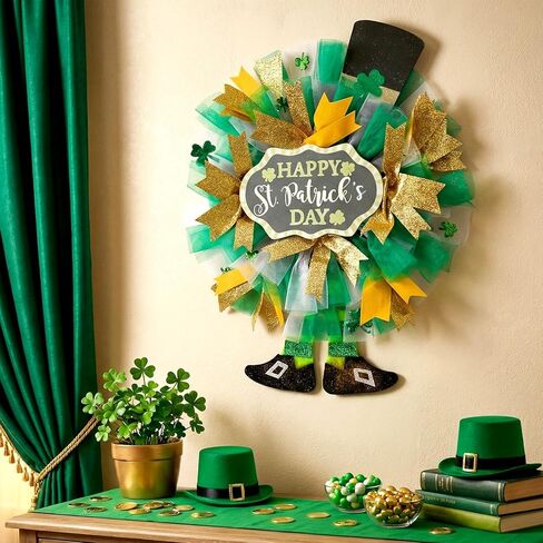 Hoteam St Patricks Day Wreath for Front Door 19.6 Inch Green Clover Leprechaun Hat Decor with Shamrocks Saint Patricks Day Decorations for Indoor Outdoor Porch Irish Party in Kuwait