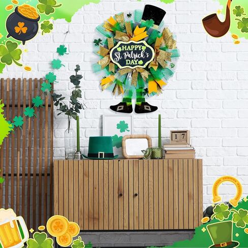 Hoteam St Patricks Day Wreath for Front Door 19.6 Inch Green Clover Leprechaun Hat Decor with Shamrocks Saint Patricks Day Decorations for Indoor Outdoor Porch Irish Party in Kuwait