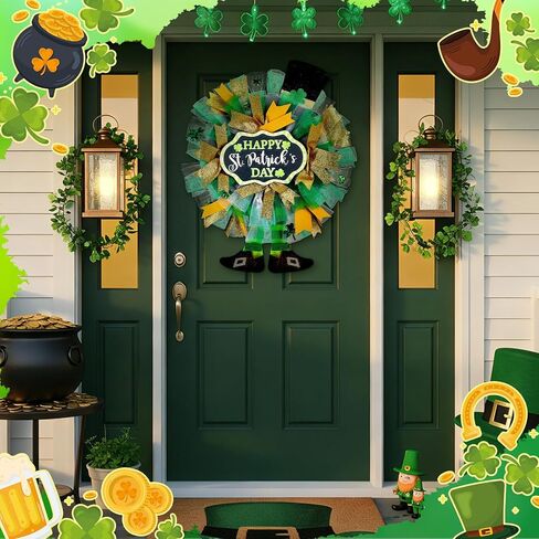 Hoteam St Patricks Day Wreath for Front Door 19.6 Inch Green Clover Leprechaun Hat Decor with Shamrocks Saint Patricks Day Decorations for Indoor Outdoor Porch Irish Party in Kuwait
