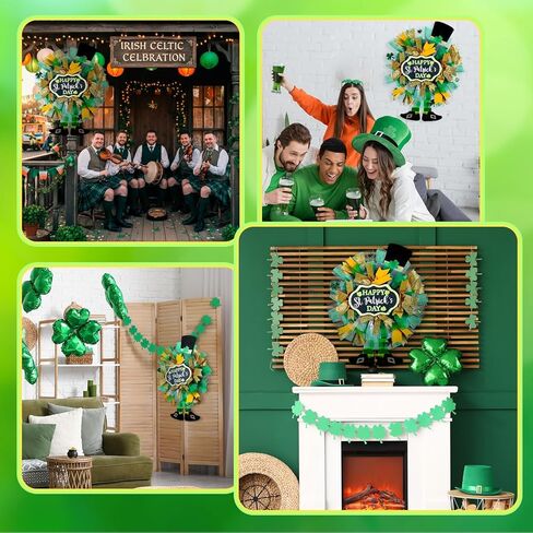 Hoteam St Patricks Day Wreath for Front Door 19.6 Inch Green Clover Leprechaun Hat Decor with Shamrocks Saint Patricks Day Decorations for Indoor Outdoor Porch Irish Party in Kuwait