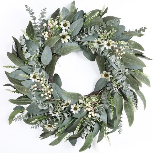 26 Inches Large Eucalyptus Spring Wreaths for Front Door,Artificial Greenery Summer Wreath with Berries White Flower Daisy,Easter Valentines Farmhouse Porch Wall Home Indoor Outdoor Décor in Saudi Arabia