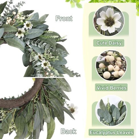 26 Inches Large Eucalyptus Spring Wreaths for Front Door,Artificial Greenery Summer Wreath with Berries White Flower Daisy,Easter Valentines Farmhouse Porch Wall Home Indoor Outdoor Décor in Saudi Arabia