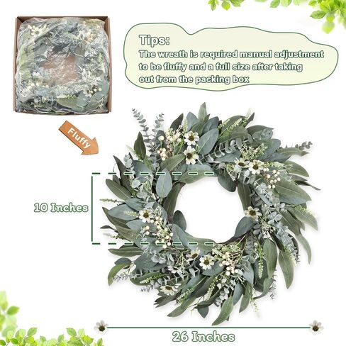 26 Inches Large Eucalyptus Spring Wreaths for Front Door,Artificial Greenery Summer Wreath with Berries White Flower Daisy,Easter Valentines Farmhouse Porch Wall Home Indoor Outdoor Décor in Saudi Arabia