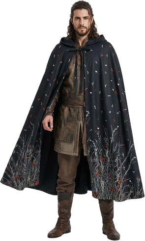 عباءة رجالي بقلنسوة من العصور الوسطى مع طباعة غابة فريدة من نوعها، زي كيب رينجر من عصر النهضة لعيد الهالوين من LARP Viking in Kuwait