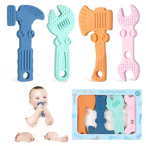TYRY.HU Baby Teething Toys for Babies 0-6 Months 6-12 Months, BPA Free Silicone Baby Molar Teether Chew Toys, Hammer Wrench Spanner Pliers for Boys Girls, Soft-Textured, Easy to Hold & Clean, 4 Packs in Saudi Arabia
