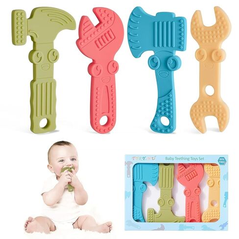 TYRY.HU Baby Teething Toys for Babies 0-6 Months 6-12 Months, BPA Free Silicone Baby Molar Teether Chew Toys, Hammer Wrench Spanner Pliers for Boys Girls, Soft-Textured, Easy to Hold & Clean, 4 Packs in Kuwait