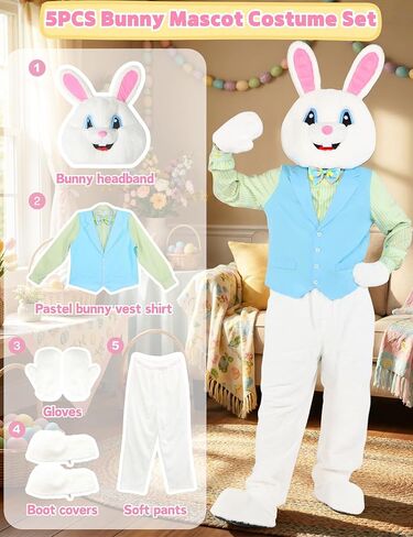 أرنب عيد الفصح زي الكبار أرنب التميمة الزي ديلوكس 5 قطعة الأرانب نيسيي البدلة حجم كبير للرجال النساء الطرف تأثيري in Kuwait