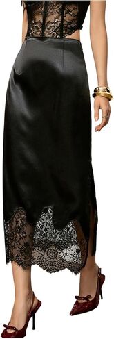 GORGLITTER Women's Lace Satin Skirt Split High Waist Half Slip Dressy Elegant A Line Maxi Skirts in Saudi Arabia