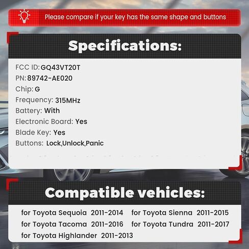 Beefunny Upgraded Flip Remote Key Fob for Toyota Highlander Sequoia Sienna Tacoma Tundra 2011-2017 Car Key Fob 315MHz G Chip FCC ID:GQ43VT20T (Only Fits for G Chip) (1) in Saudi Arabia