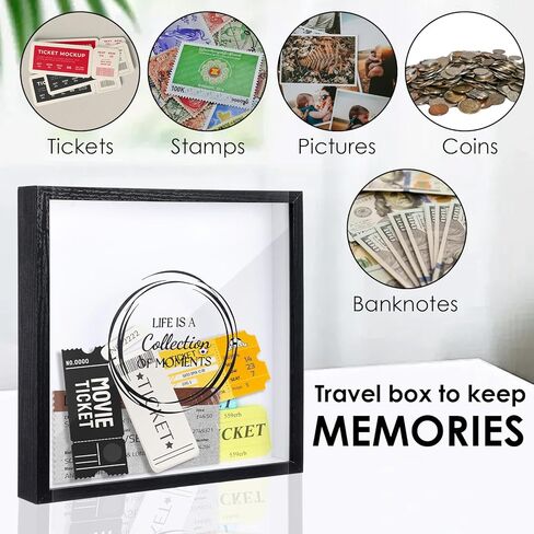 Travel Adventure Archive Shadow Box For Memories, Concert Travel Ticket Stub Memory Top Loading Shadow Keepsake Box With Slot On Top,life In a Shadow Box Travel Frame (Black, 11.4x11.4 Inch) in Kuwait