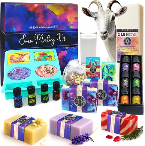 Soap Making Kit for Adults, Make Your Own Soap with Melt and Pour diy Natural Soap supplies; 6 Essential Oils, Silicone Soap Mold, Spoon, Dried Flowers, 2lbs. Shea Butter Soap Base, 4 Colors, 9 Labels in Kuwait