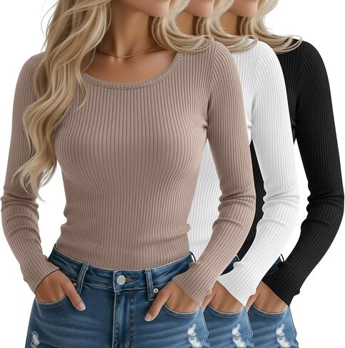Riyiper 3 Pack Women's Long Sleeve Shirts, Cotton Crew Neck Ribbed Tops Slim Fit Casual Knit Tees Stretch Basic T Shirts 2025 in Saudi Arabia