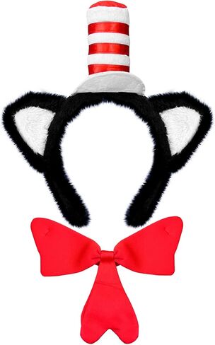 Cat Headband for Women - White Striped Fuzzy Cat Ears Headband with 1PCS Big Bows Tie, Read Book Day Cat Costume Accessories, Halloween Party Dress up in Saudi Arabia