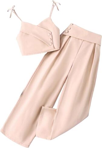 OYOANGLE Girl's Two Piece Dressy Outfits Tie Shoulder Button Cami Top Pleated Pants Clothing Set in Saudi Arabia