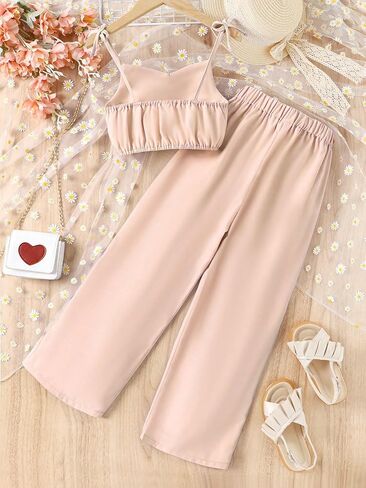OYOANGLE Girl's Two Piece Dressy Outfits Tie Shoulder Button Cami Top Pleated Pants Clothing Set in Saudi Arabia