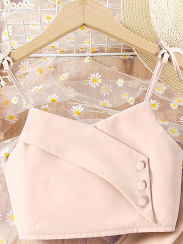 OYOANGLE Girl's Two Piece Dressy Outfits Tie Shoulder Button Cami Top Pleated Pants Clothing Set in Saudi Arabia