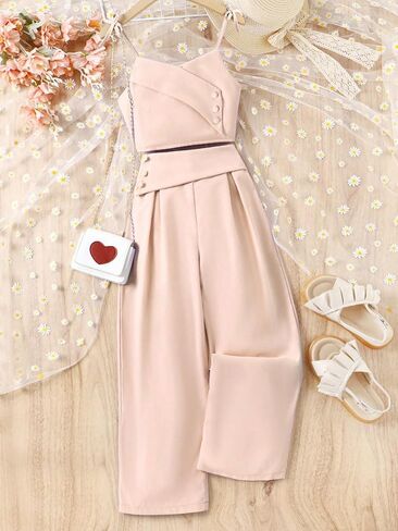 OYOANGLE Girl's Two Piece Dressy Outfits Tie Shoulder Button Cami Top Pleated Pants Clothing Set in Saudi Arabia