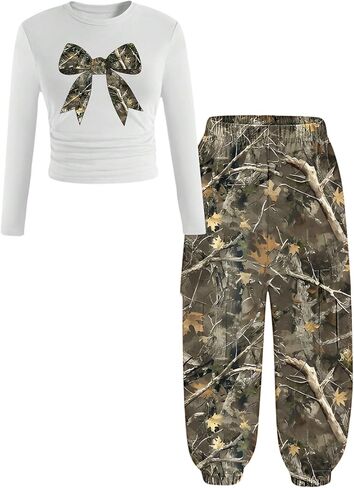 Girl's 2 Piece Camo Print Clothing Set Long Sleeve Bow Tee Top Cargo Jogger Pants Y2K Outfits in Saudi Arabia