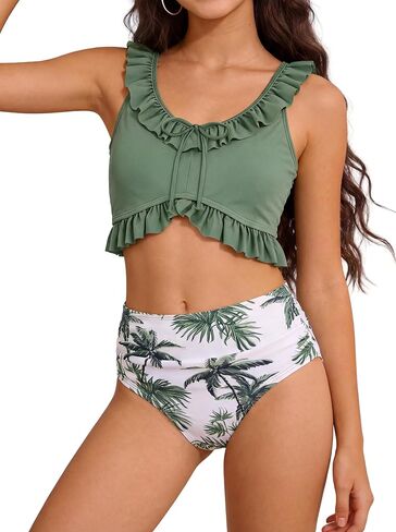 Weixinbuy Girls Swimsuits 2 Piece Bikini Set Teen Ruched Ruffle U-Neck Bathing Suits for 9-16Y Tween Summer Beachwear in Saudi Arabia