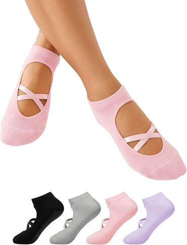 4 Pairs Womens Pilates Socks with Grips Yoga Socks Non Slip Gripper Straps Socks for Pilates, Workout, Barre in Saudi Arabia