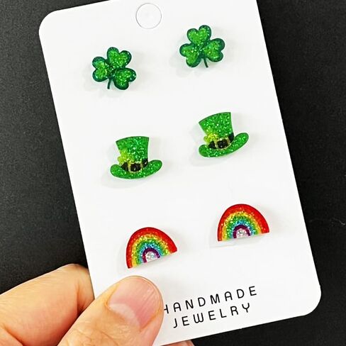 St. Patrick's Day Stud Earrings Set Glitter Green Shamrock Clover Earrings for Women Acrylic Irish Accessories Lightweight Festive Good Luck Holiday Earring Wedding Birthday Gift in Saudi Arabia